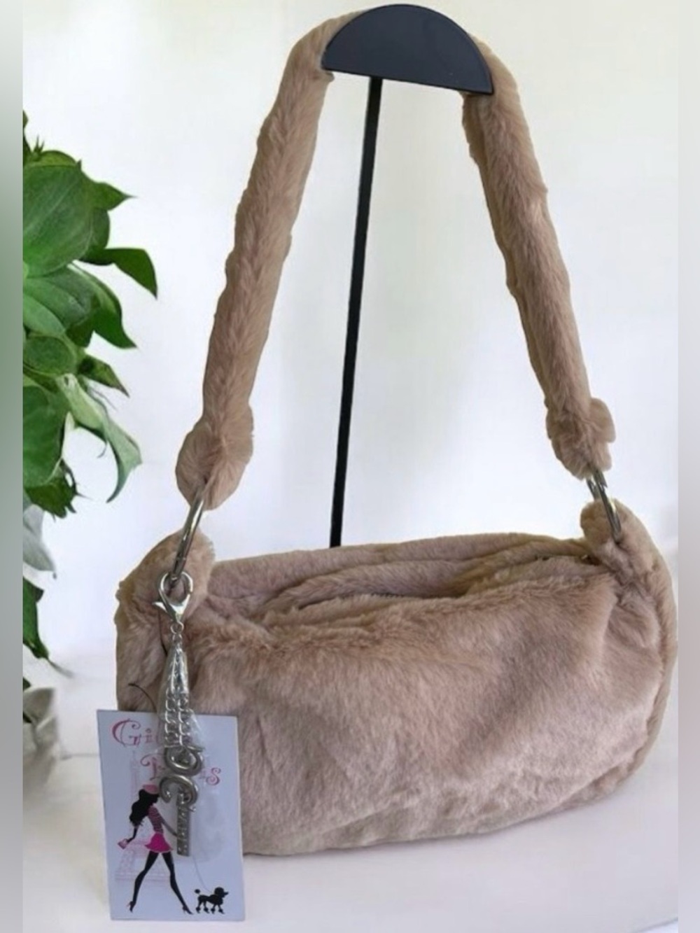 Gilda Paris Faux Fur Mini Shoulder Bag Tan Y2K Baguette NWT